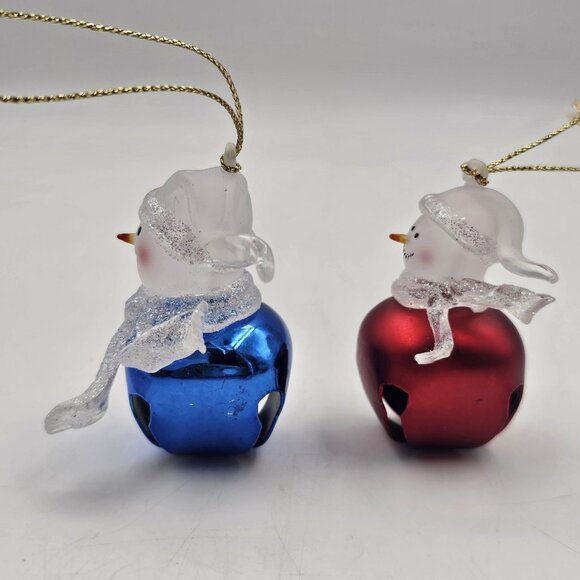 Glass Snowman On Bell Christmas Ornaments Holiday Decor Red Blue 2.25" Lot of 2 - Picture 4 of 6